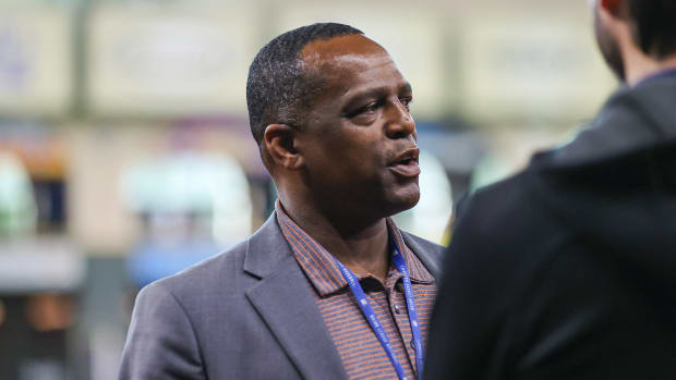 Apr 18, 2023; Houston, Texas, USA; Houston Astros general manager Dana Brown talks on the field before the game against the Toronto Blue Jays at Minute Maid Park. Mandatory Credit: Troy Taormina-USA TODAY Sports
